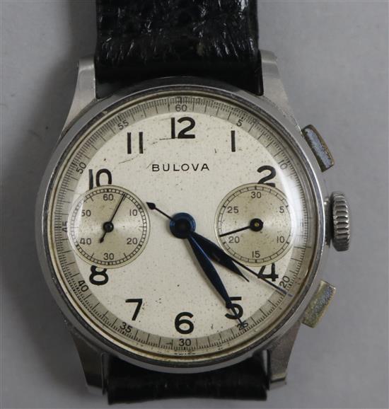 A gentlemans mid 20th century stainless steel Bulova chronograph manual wind wrist watch.